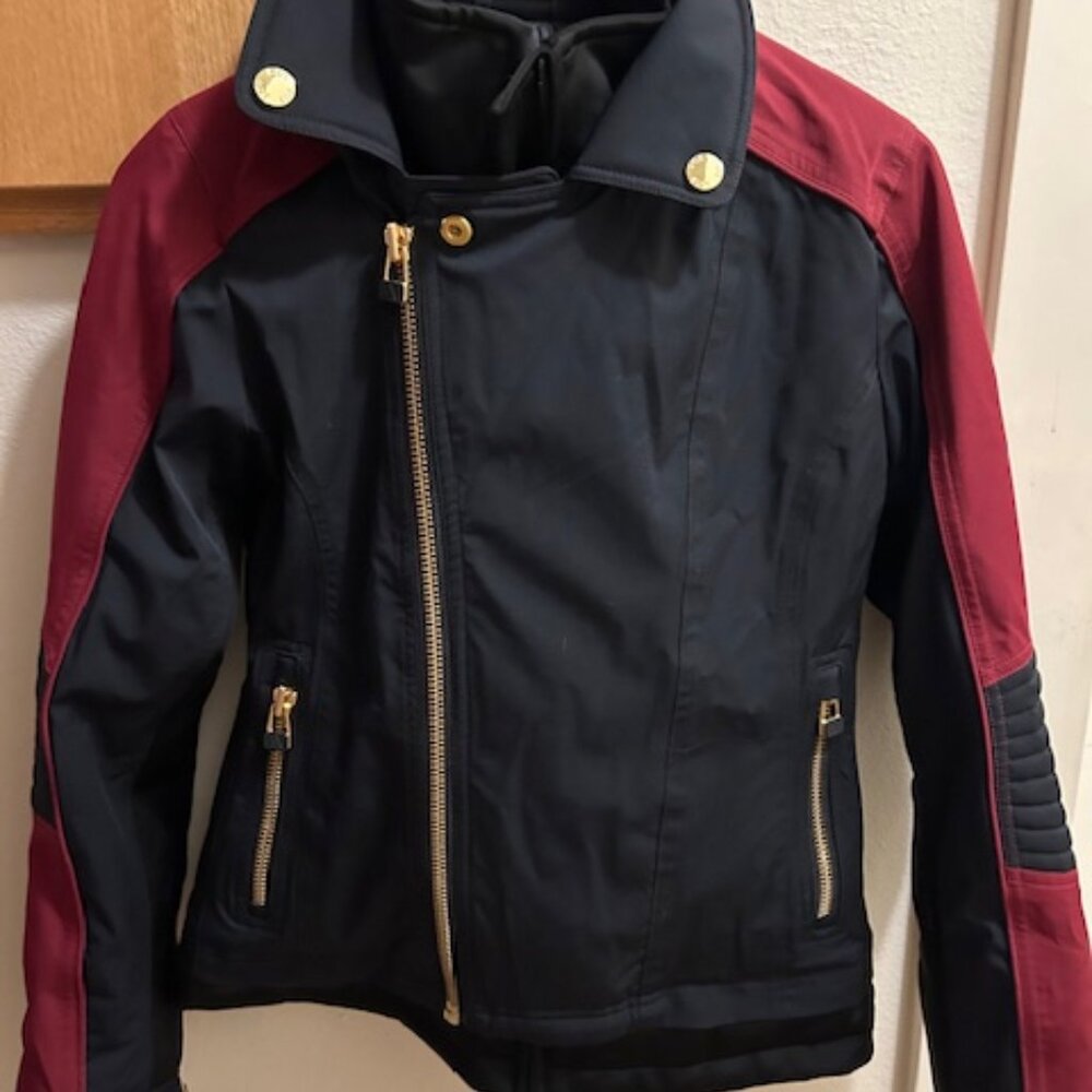 NWT orig $700 SOS Black Snow Womens Ski Jacket XS/34 Black and burgundy gold zip